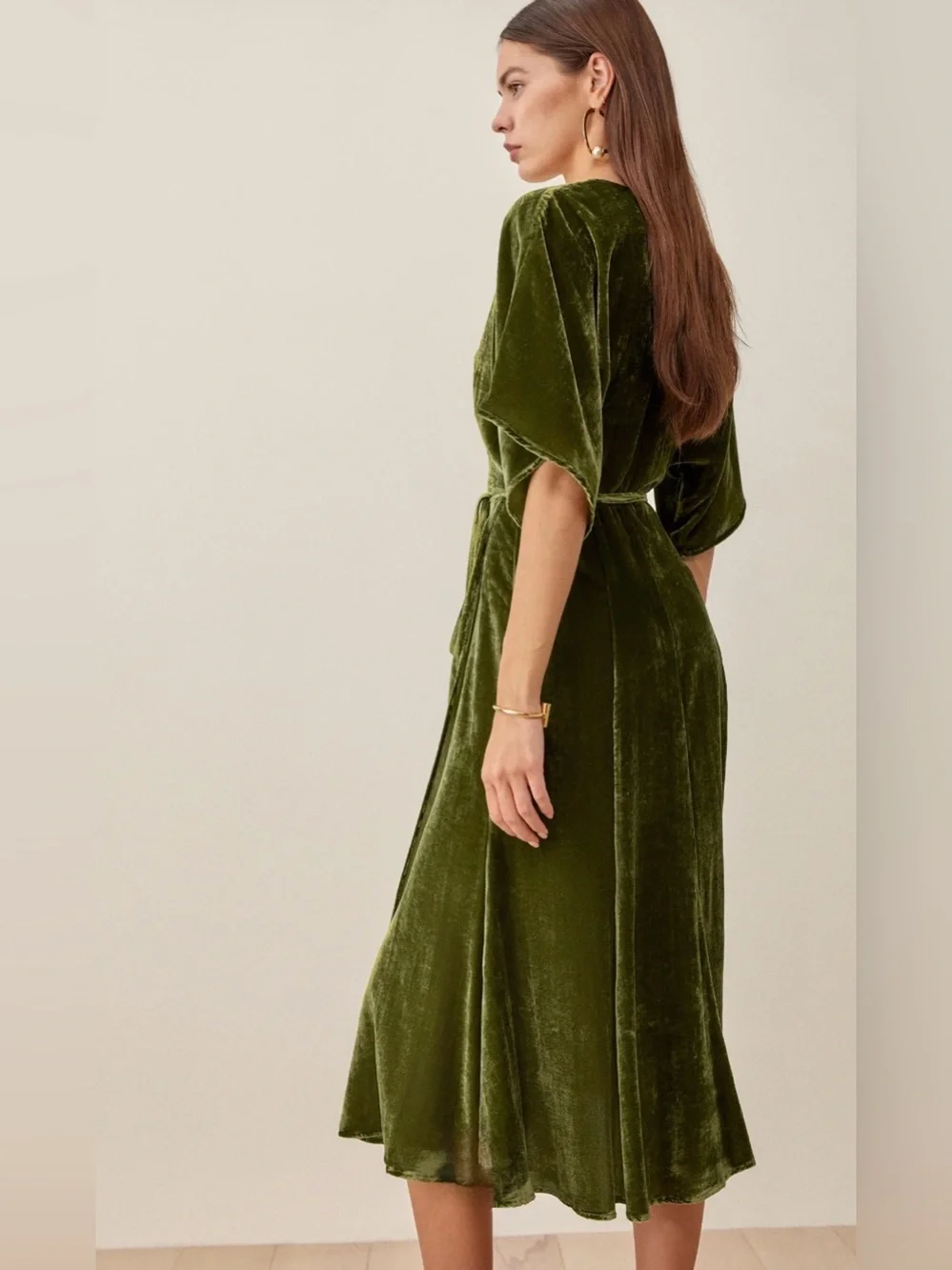 Reformation Analynne Velvet Wrap Dress Artichoke Green Midi High Slit - Picture 3 of 7